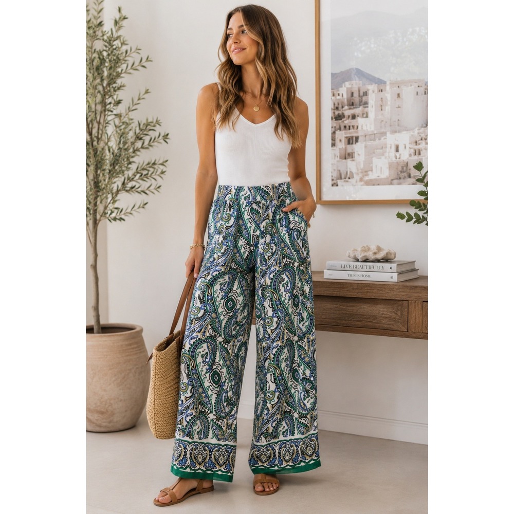 Haute Hippie Paisley Print Wide Leg Pants Boho Resort Palazzo Size Small
